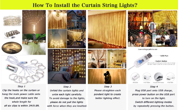 Curtain Lights | Copper Wire Fairy LED String - USB Powered | 8 Function Remote Control - Warm White