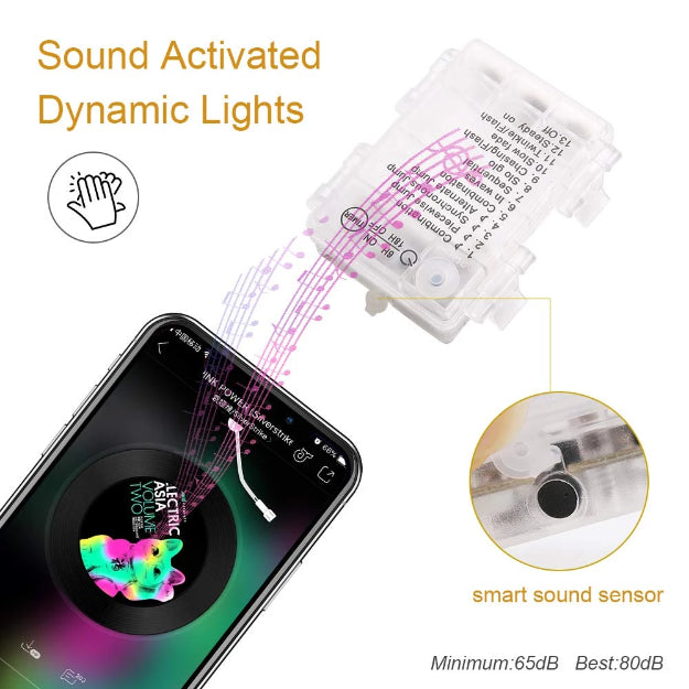 Music Beats Sync Copper Wire Fairy LED String Lights - 3AA Battery Operated | 12 Function Remote Control | IP44 Waterproof | Warm White