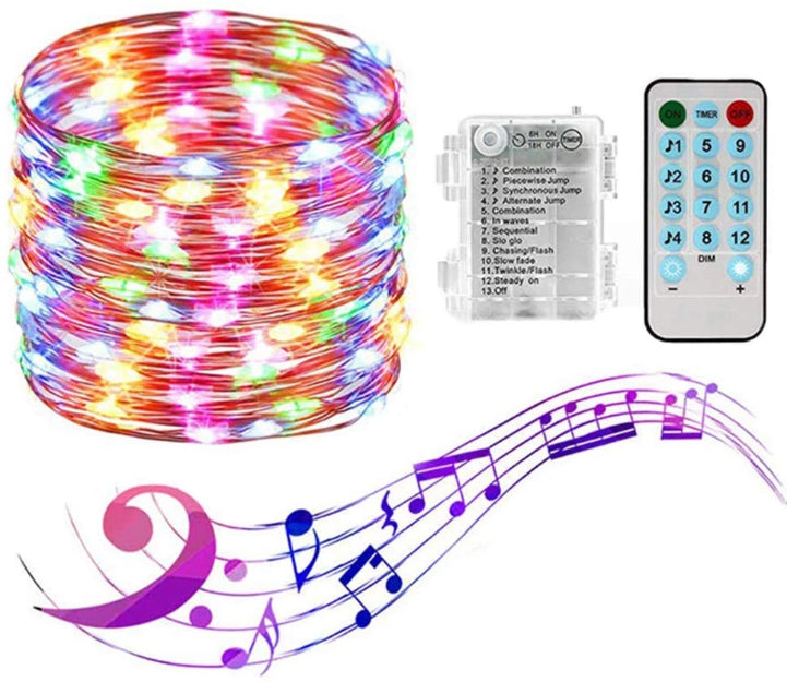 Music Beats Sync Copper Wire Fairy LED String Lights - 3AA Battery Operated | 12 Function Remote Control | IP44 Waterproof | Multi