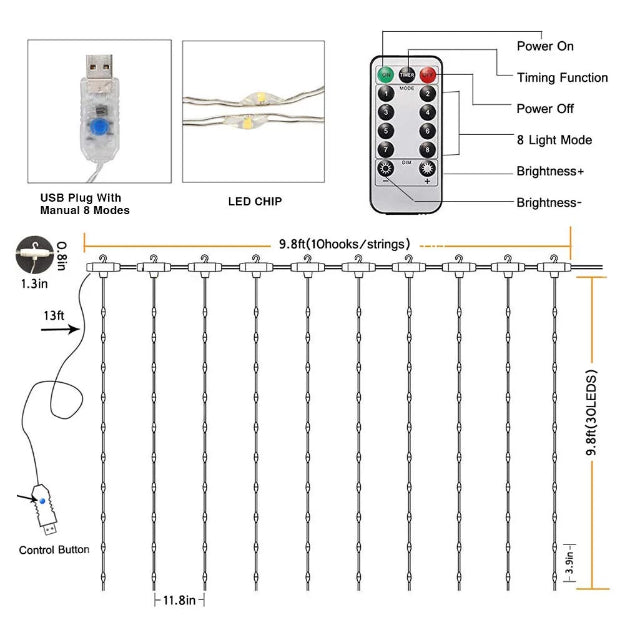 Curtain Lights | Copper Wire Fairy LED String - USB Powered | 8 Function Remote Control - Warm White