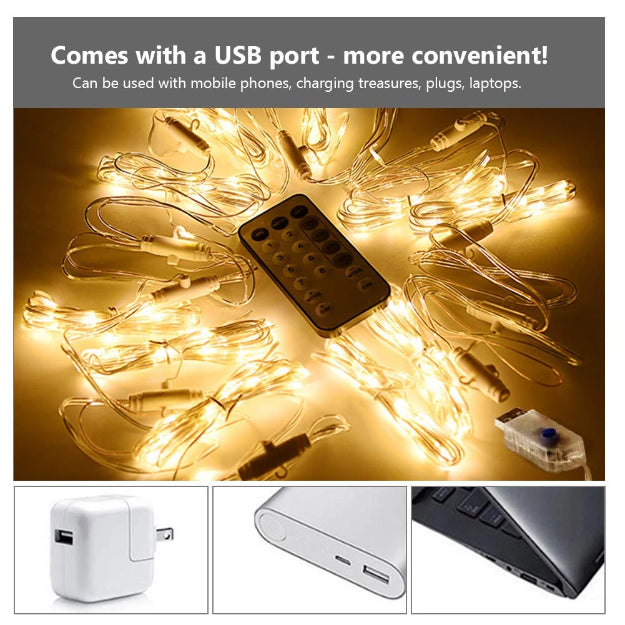 Curtain Lights | Copper Wire Fairy LED String - USB Powered | 8 Function Remote Control - Warm White