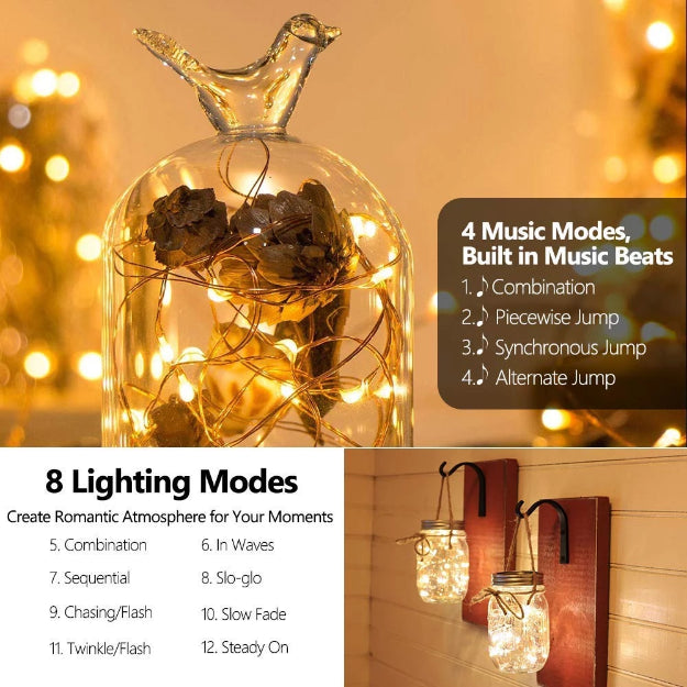 Music Beats Sync Copper Wire Fairy LED String Lights - 3AA Battery Operated | 12 Function Remote Control | IP44 Waterproof | Warm White