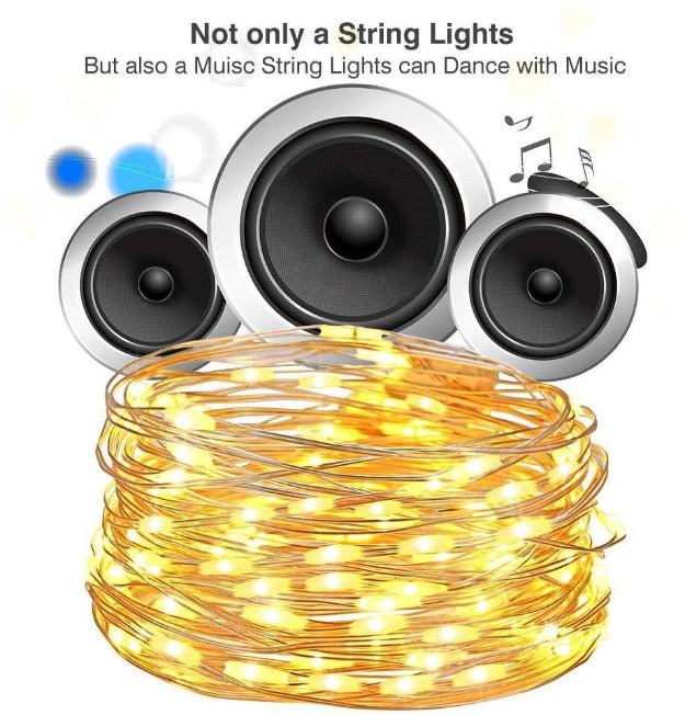 Music Beats Sync Copper Wire Fairy LED String Lights - 3AA Battery Operated | 12 Function Remote Control | IP44 Waterproof | Warm White