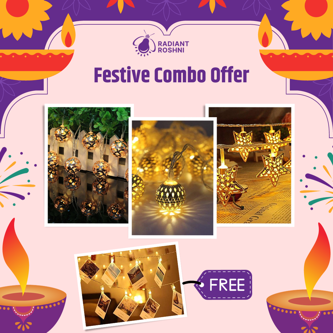 Set of 3 Metal warm white string light combos for diwali, christmas, new year