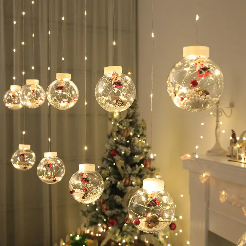 LED Ball Wishing Ball Curtain String Light Santa Inside Hanging Light Curtain String Wish Ball Curtain Lights | 10 Wish Balls | Warm White LED