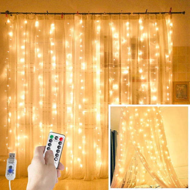 Curtain Lights | Copper Wire Fairy LED String - USB Powered | 8 Function Remote Control - Warm White